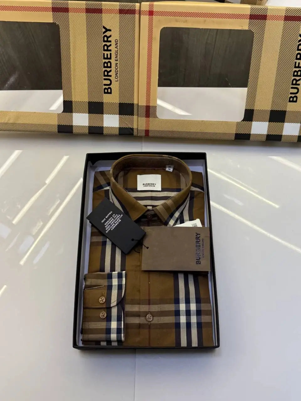 Burberr y Checks Premium Store article Shirt with Original Box (Brown)