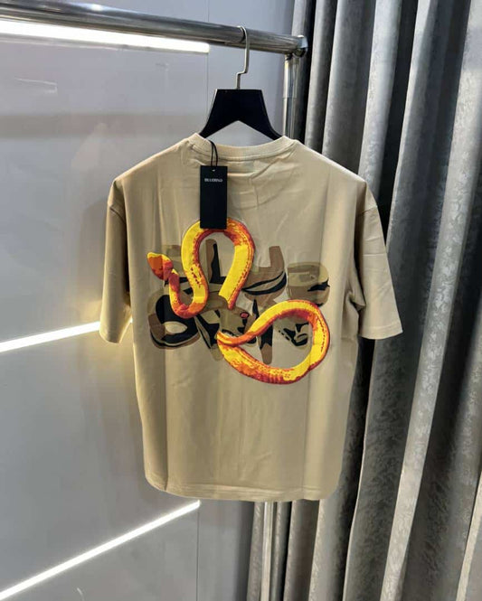 Bluorng Beige EmBo-ssed Print Imported Oversized T-Shirt