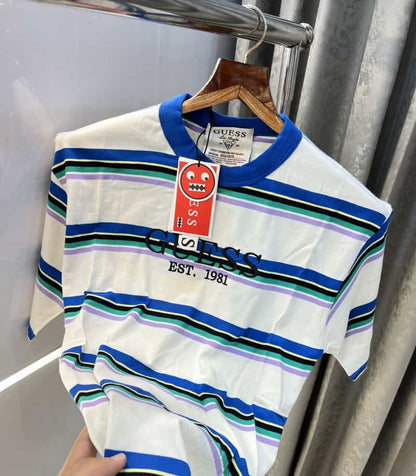 Guess Printed White Blue Imported Oversized T-Shirt
