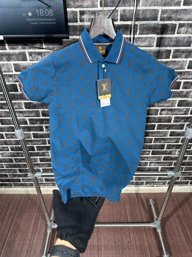 Louis Vuitton Premium Monogram Polo Tshirt Navy - (125)