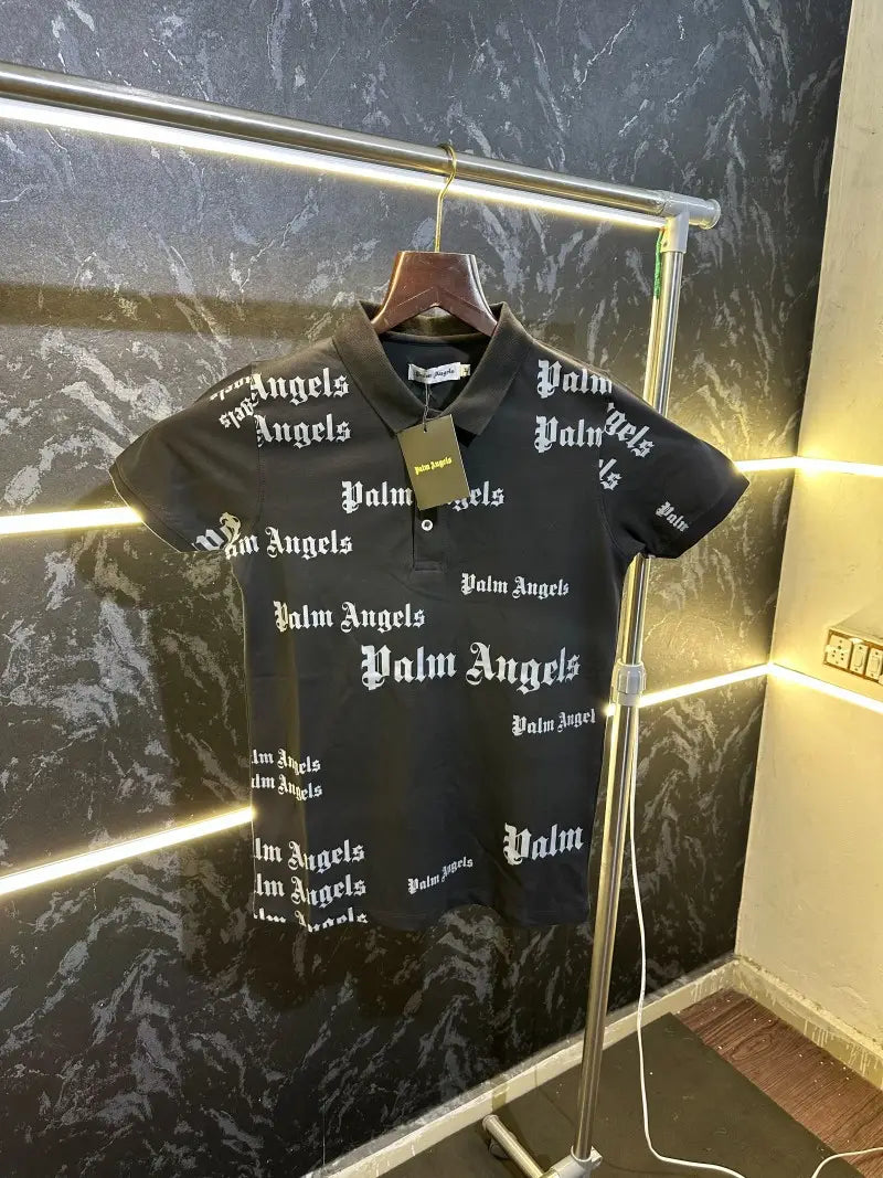 Palm Angels All over Print Polo Tshirt Black