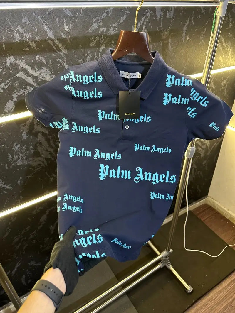 Palm Angels All Over Print Polo Tshirt Dark Blue