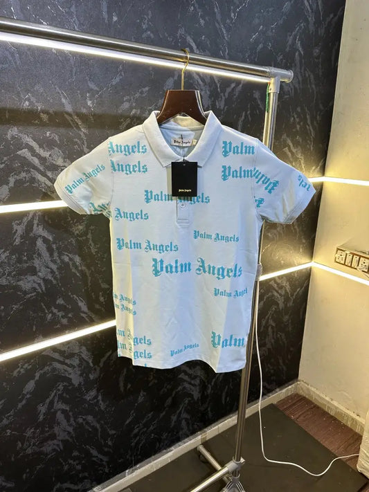 Palm Angels All Over Print Polo Tshirt Light Blue