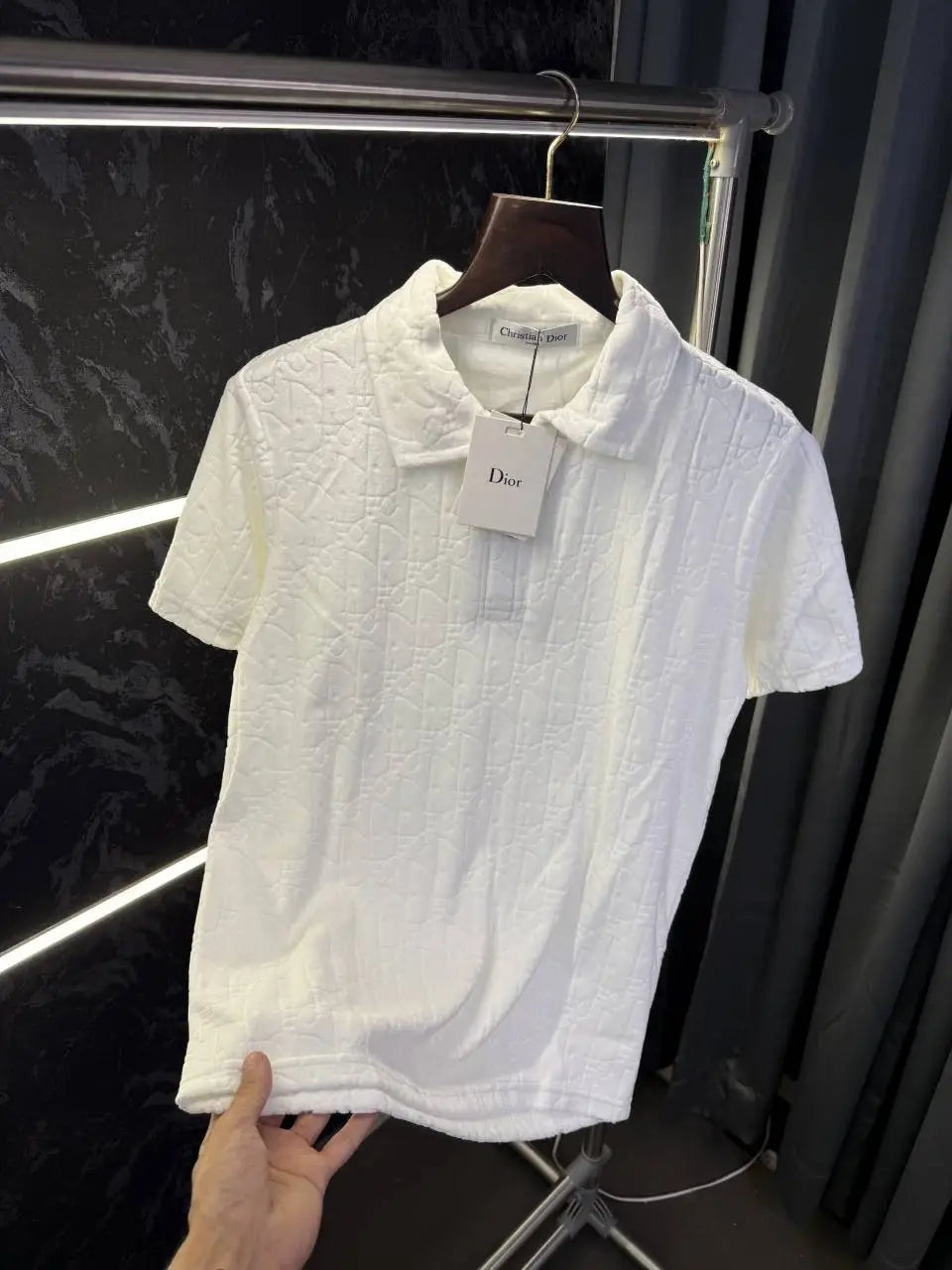 Christian Dio r Monogram Knitted Polo Tshirt (White)