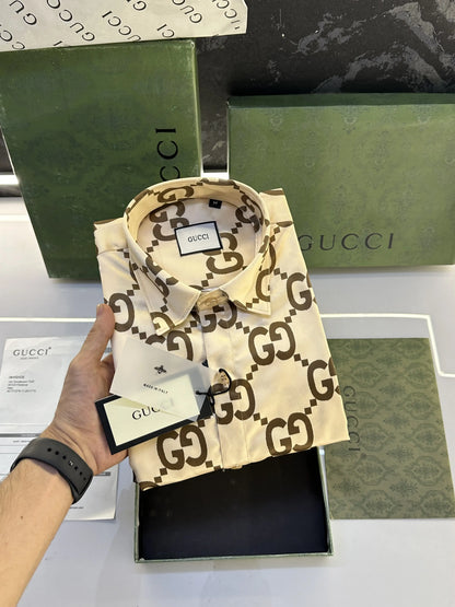 Gucc_i Monogram Imported Shirt with original packing Beige Cream