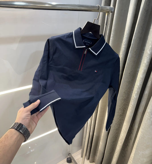Tomm y Hilfiger Navy Blue Zip Premium Full Sleeve Polo T-Shirt