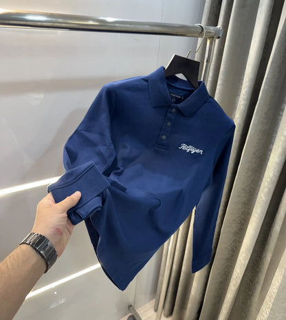 Tomm y Hilfiger Petrol Blue Logo Work Premium Full Sleeve Polo T-Shirt